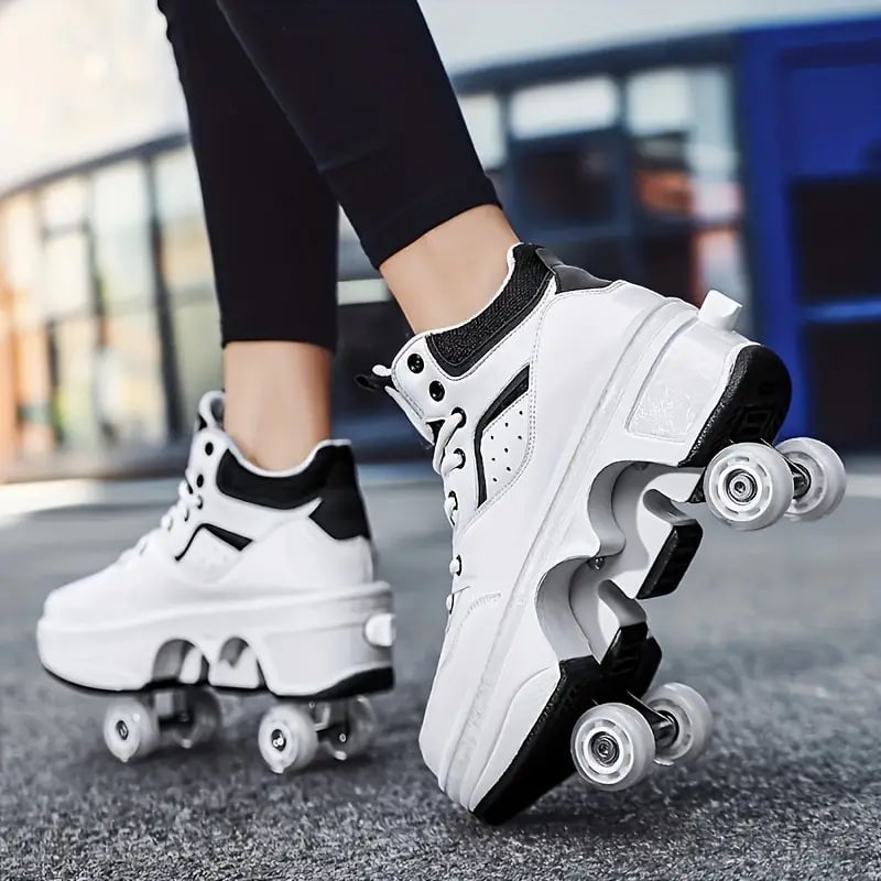 Boy's Trendy High Top Roller Shoes With 4 Detachable Wheels, Comfy Lace Up Casual Skate Sneakers