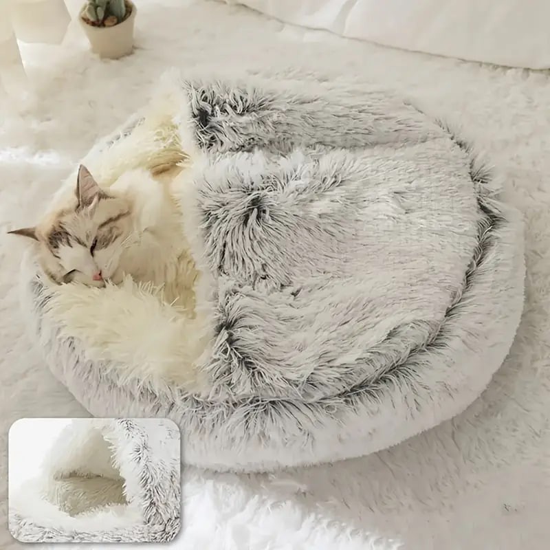 Plush Round Hooded Pet Bed, Warm Dog Bed For Small Dogs, Fluffy Soft Cat Bed, Donut Pet Cushion