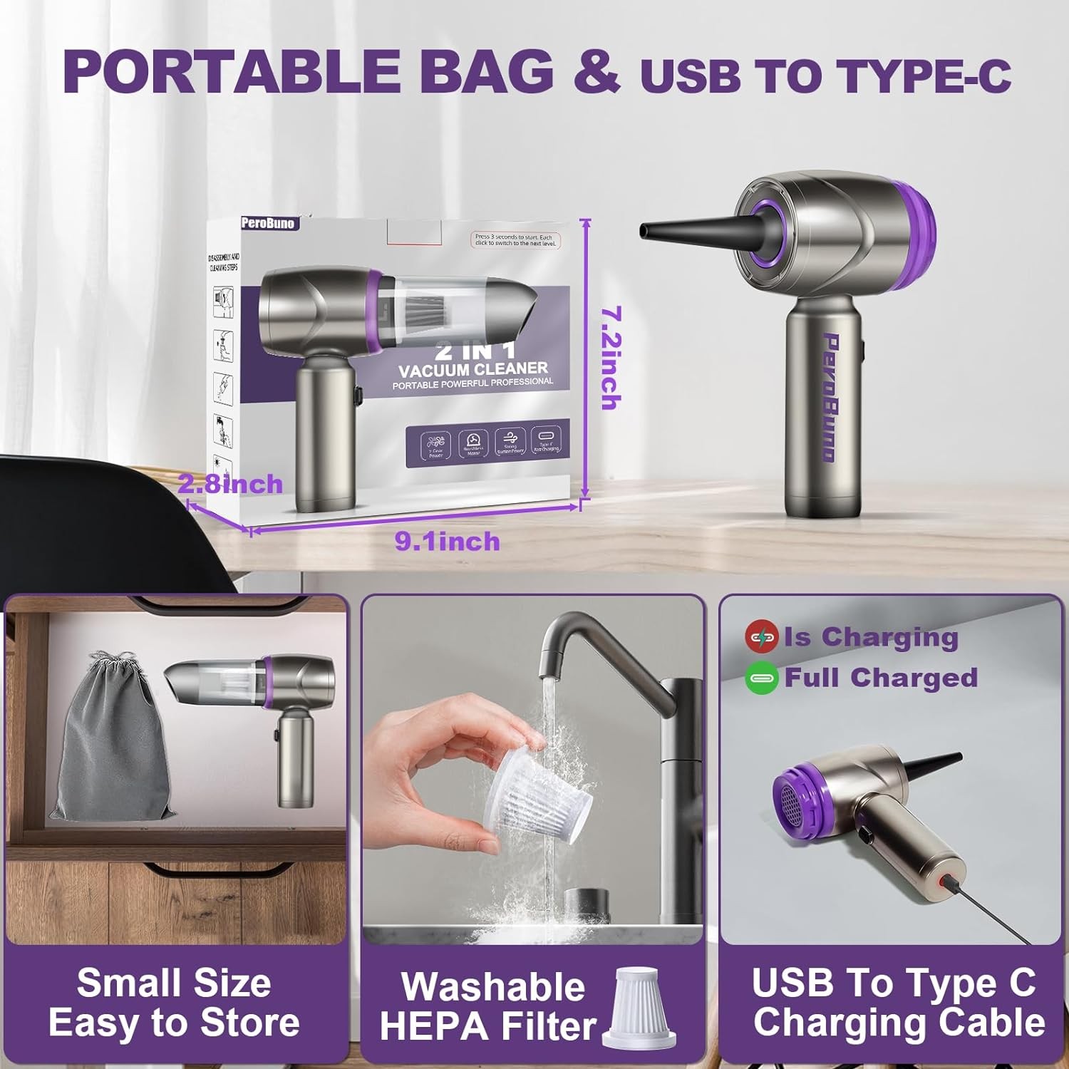 PeroBuno Air Duster for Computers, Mini Vacuum 2-in-1, 160000RPM Compressed Air, 2 Gear Brushless Motor Rechargeable Air Blower - Cordless Canned Air - Keyboard Cleaner