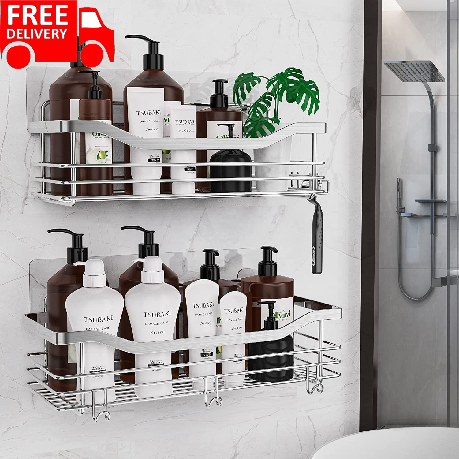 Shower Caddy Basket Shelf with 5 Hooks Adhesive Organizer Storage Rack Rustproof